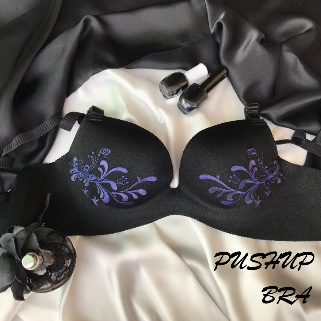 Black Pushup Embroidered Bra