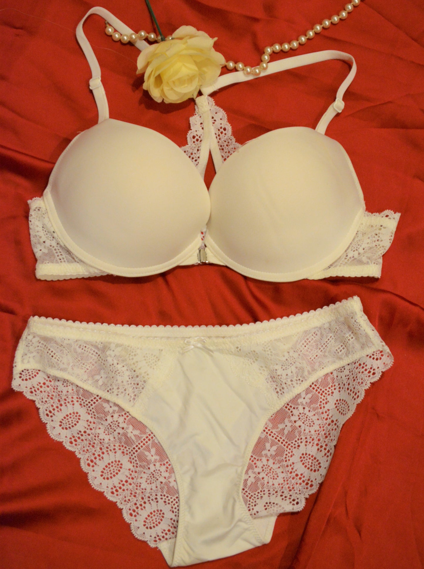 Front Open Back Net Padded Bra Set
