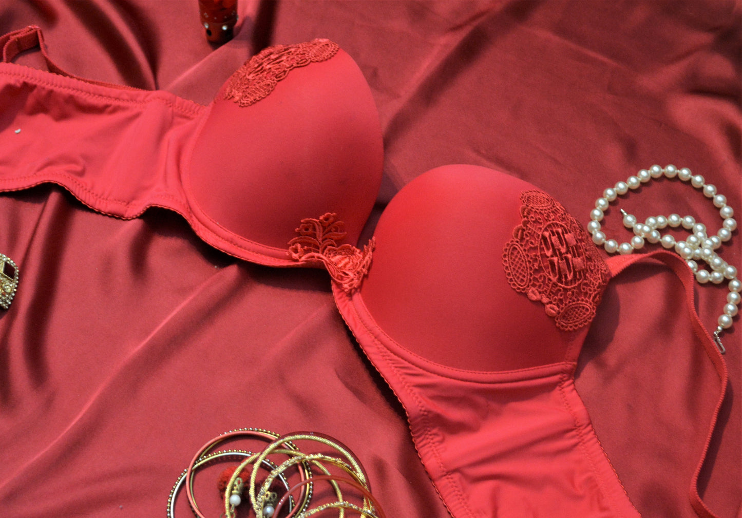 Red Embroidered Pushup Bra Set
