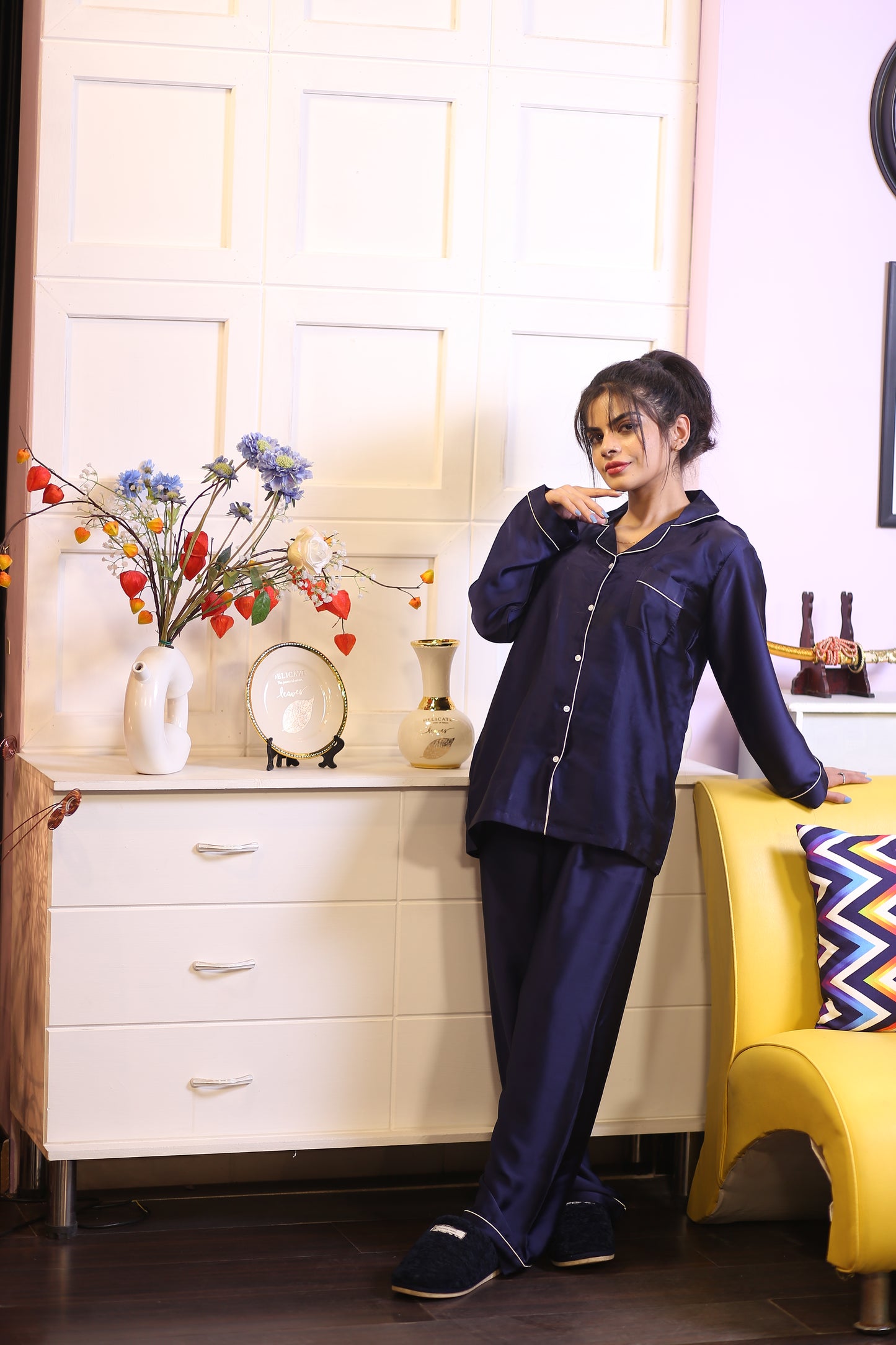 Navy Blue Silk Pjs Set