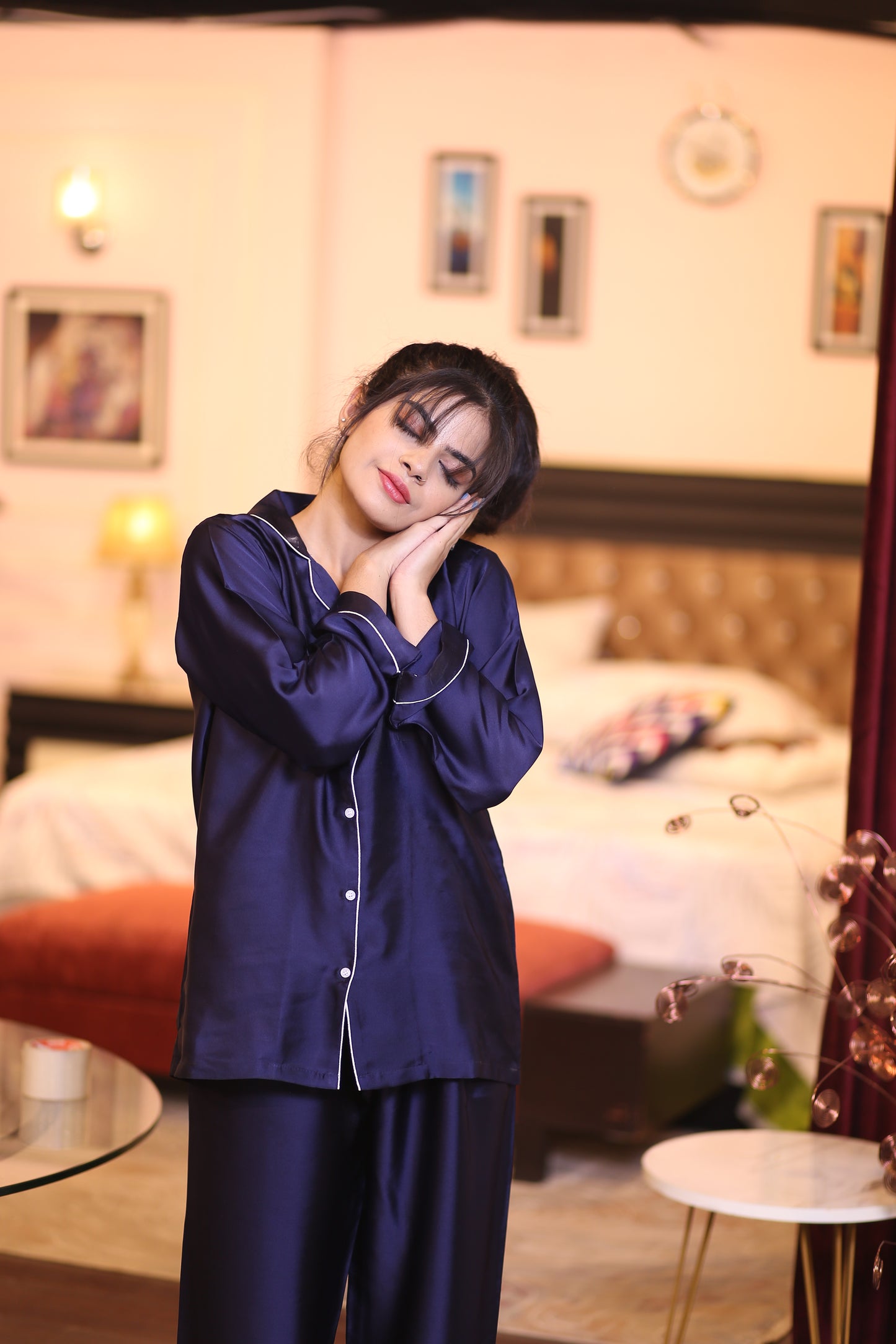 Navy Blue Silk Pjs Set