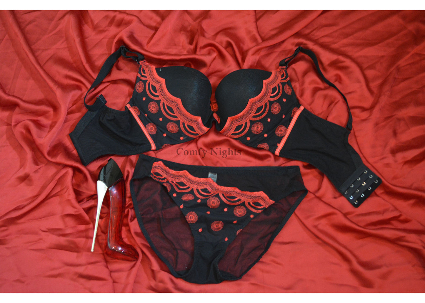 Embroidered Black & Red Bra Set