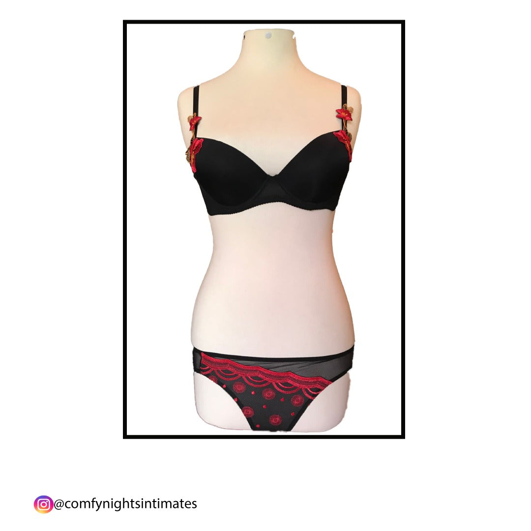 Black Floral Embroidery Bra Set