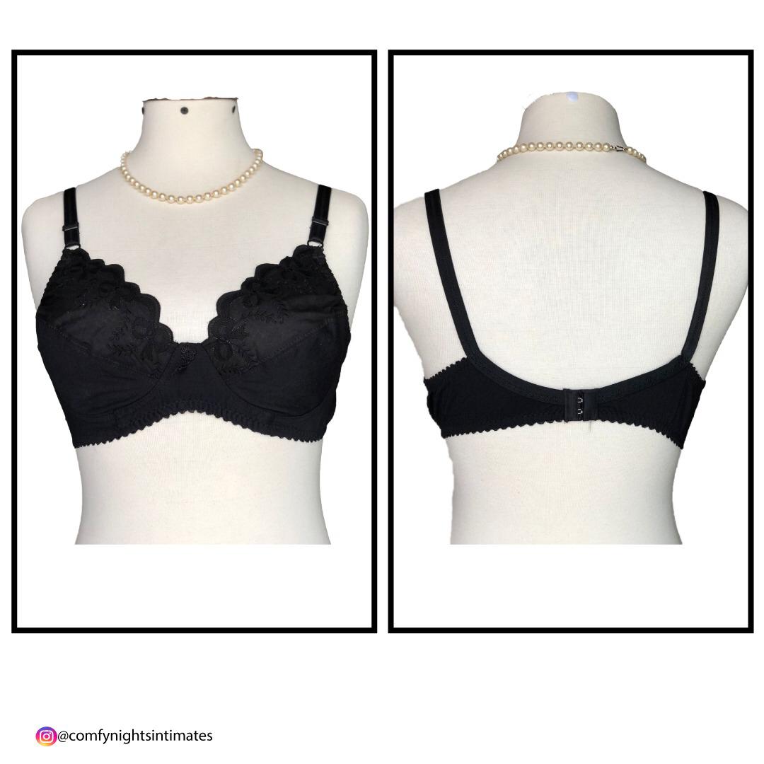 Black Embroidered Cotton Bra