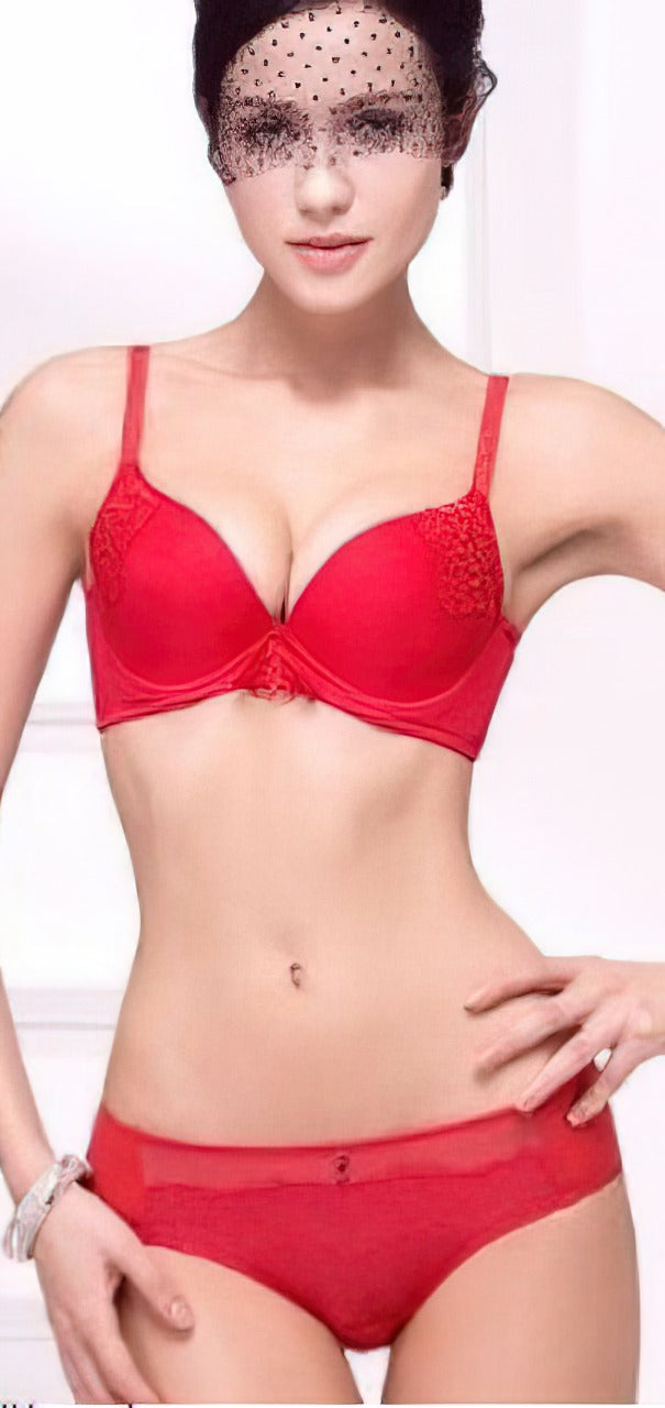 Red Embroidered Pushup Bra Set