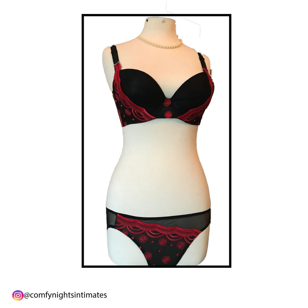 Embroidered Black & Red Bra Set