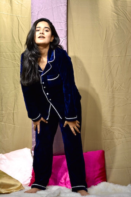 Navy Blue Velvet PJ Set