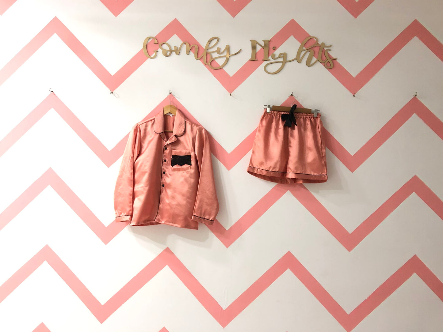 Peach Satin Lace Shorts Set