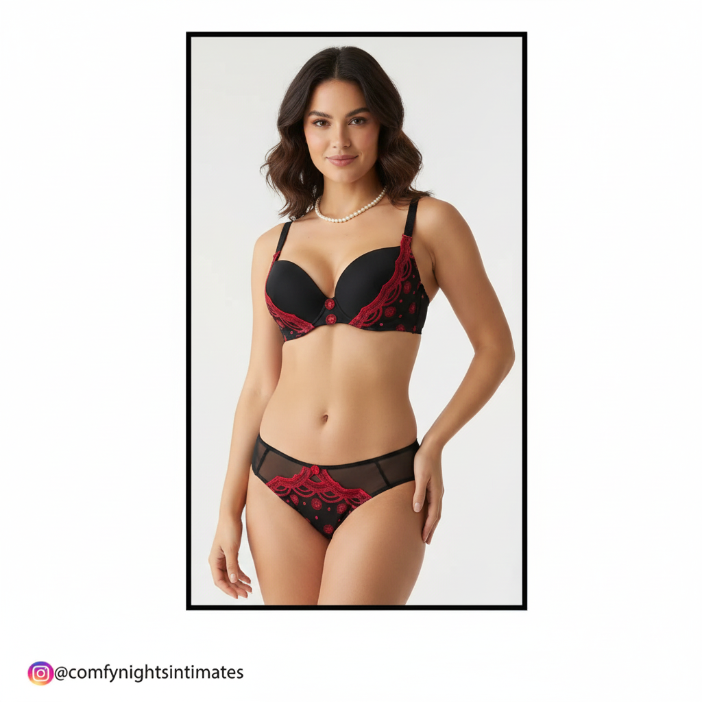 Embroidered Black & Red Bra Set