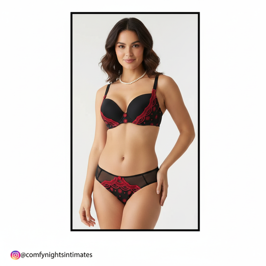 Embroidered Black & Red Bra Set