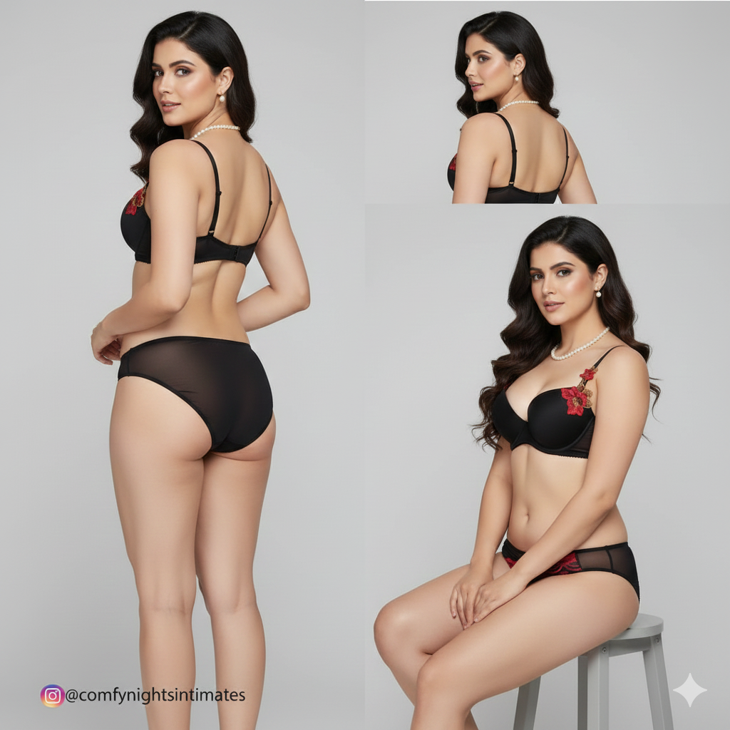 Black Floral Embroidery Bra Set