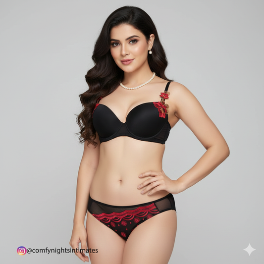 Black Floral Embroidery Bra Set