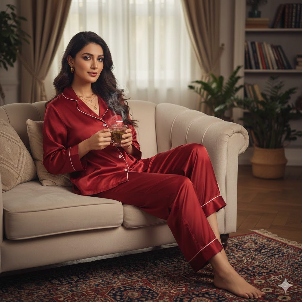 Maroon Color Silk Pj Set